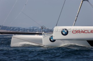 ANACORTES, USA - September 1st: The new BMW Oracle trimaran commissioned by Larry Ellyson and helmed and skippered by Russell Coutts touches the water and undergoes preliminary sailing trials following its build in total secrecy in a shipyard in Anacortes, USA. The yacht is 90ft long and 90ft wide with a mast of 158ft. It has been built to race the Swiss defender Alinghi in the 33rd Americas Cup. It is probably the fastest and most powerful multihull ever built.