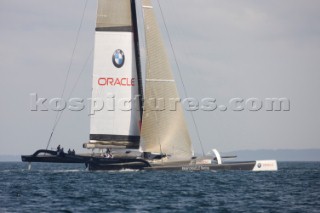 ANACORTES, USA - September 1st: The new BMW Oracle trimaran commissioned by Larry Ellyson and helmed and skippered by Russell Coutts touches the water and undergoes preliminary sailing trials following its build in total secrecy in a shipyard in Anacortes, USA. The yacht is 90ft long and 90ft wide with a mast of 158ft. It has been built to race the Swiss defender Alinghi in the 33rd Americas Cup. It is probably the fastest and most powerful multihull ever built.