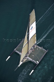 ANACORTES, WA - SEPTEMBER 2: The new BMW Oracle trimaran commissioned by Larry Ellyson and helmed and skippered by Russell Coutts touches the water and undergoes preliminary sailing trials following its build in total secrecy in a shipyard in Anacortes, USA. The yacht is 90ft long and 90ft wide with a mast of 158ft. It has been built to race the Swiss defender Alinghi in the 33rd Americas Cup. It is probably the fastest and most powerful multihull ever built.