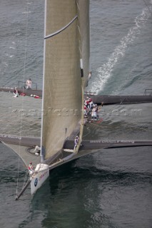 ANACORTES, WA - SEPTEMBER 2: The new BMW Oracle trimaran commissioned by Larry Ellyson and helmed and skippered by Russell Coutts touches the water and undergoes preliminary sailing trials following its build in total secrecy in a shipyard in Anacortes, USA. The yacht is 90ft long and 90ft wide with a mast of 158ft. It has been built to race the Swiss defender Alinghi in the 33rd Americas Cup. It is probably the fastest and most powerful multihull ever built.