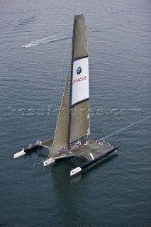 ANACORTES, WA - SEPTEMBER 2: The new BMW Oracle trimaran commissioned by Larry Ellyson and helmed and skippered by Russell Coutts touches the water and undergoes preliminary sailing trials following its build in total secrecy in a shipyard in Anacortes, USA. The yacht is 90ft long and 90ft wide with a mast of 158ft. It has been built to race the Swiss defender Alinghi in the 33rd Americas Cup. It is probably the fastest and most powerful multihull ever built.