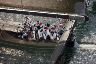 ANACORTES, WA - SEPTEMBER 2: The new BMW Oracle trimaran commissioned by Larry Ellyson and helmed and skippered by Russell Coutts touches the water and undergoes preliminary sailing trials following its build in total secrecy in a shipyard in Anacortes, USA. The yacht is 90ft long and 90ft wide with a mast of 158ft. It has been built to race the Swiss defender Alinghi in the 33rd Americas Cup. It is probably the fastest and most powerful multihull ever built.