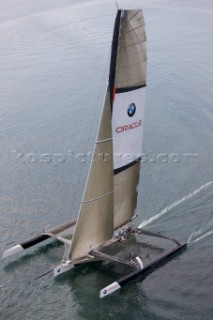 ANACORTES, WA - SEPTEMBER 2: The new BMW Oracle trimaran commissioned by Larry Ellyson and helmed and skippered by Russell Coutts touches the water and undergoes preliminary sailing trials following its build in total secrecy in a shipyard in Anacortes, USA. The yacht is 90ft long and 90ft wide with a mast of 158ft. It has been built to race the Swiss defender Alinghi in the 33rd Americas Cup. It is probably the fastest and most powerful multihull ever built.