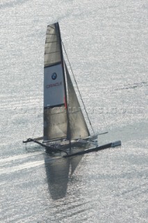 ANACORTES, WA - SEPTEMBER 2: The new BMW Oracle trimaran commissioned by Larry Ellyson and helmed and skippered by Russell Coutts touches the water and undergoes preliminary sailing trials following its build in total secrecy in a shipyard in Anacortes, USA. The yacht is 90ft long and 90ft wide with a mast of 158ft. It has been built to race the Swiss defender Alinghi in the 33rd Americas Cup. It is probably the fastest and most powerful multihull ever built.