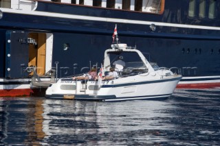 Luxury superyacht Leander owned by Sir Donald Gosling moored by Les Iles des Lerins near Cannes, South of France.