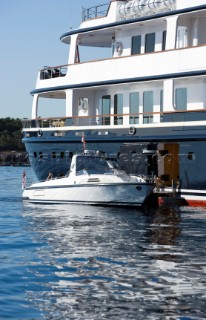 Luxury superyacht Leander owned by Sir Donald Gosling moored by Les Iles des Lerins near Cannes, South of France.