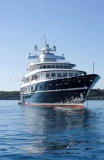 Luxury superyacht Leander owned by Sir Donald Gosling moored by Les Iles des Lerins near Cannes, South of France.