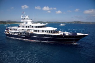 Luxury superyacht Leander owned by Sir Donald Gosling moored by Les Iles des Lerins near Cannes, South of France.