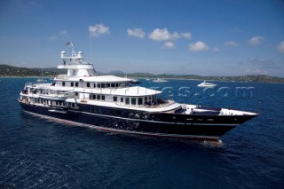 Luxury superyacht Leander owned by Sir Donald Gosling moored by Les Iles des Lerins near Cannes, South of France.