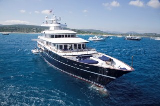 Luxury superyacht Leander owned by Sir Donald Gosling moored by Les Iles des Lerins near Cannes, South of France.