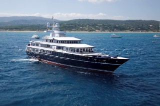 Luxury superyacht Leander owned by Sir Donald Gosling moored by Les Iles des Lerins near Cannes, South of France.