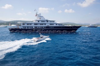 Luxury superyacht Leander owned by Sir Donald Gosling moored by Les Iles des Lerins near Cannes, South of France.