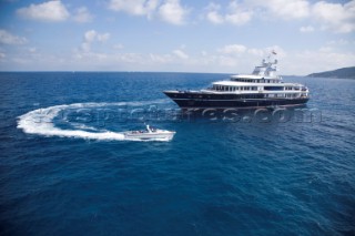 Luxury superyacht Leander owned by Sir Donald Gosling moored by Les Iles des Lerins near Cannes, South of France.