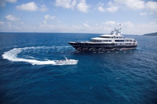 Luxury superyacht Leander owned by Sir Donald Gosling moored by Les Iles des Lerins near Cannes, South of France.