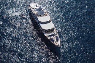 Luxury superyacht Leander owned by Sir Donald Gosling moored by Les Iles des Lerins near Cannes, South of France.