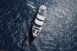 Luxury superyacht Leander owned by Sir Donald Gosling moored by Les Iles des Lerins near Cannes, South of France.