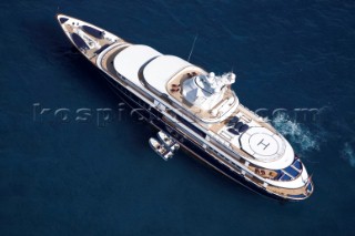 Luxury superyacht Leander owned by Sir Donald Gosling moored by Les Iles des Lerins near Cannes, South of France.