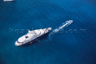 Luxury superyacht Leander owned by Sir Donald Gosling moored by Les Iles des Lerins near Cannes, South of France.