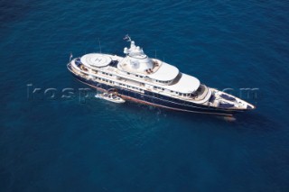 Luxury superyacht Leander owned by Sir Donald Gosling moored by Les Iles des Lerins near Cannes, South of France.