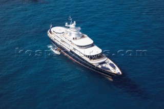 Luxury superyacht Leander owned by Sir Donald Gosling moored by Les Iles des Lerins near Cannes, South of France.