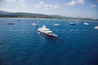 Luxury superyacht Leander owned by Sir Donald Gosling moored by Les Iles des Lerins near Cannes, South of France.