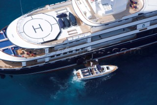 Luxury superyacht Leander owned by Sir Donald Gosling moored by Les Iles des Lerins near Cannes, South of France.