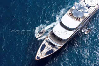 Luxury superyacht Leander owned by Sir Donald Gosling moored by Les Iles des Lerins near Cannes, South of France.