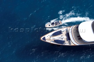 Luxury superyacht Leander owned by Sir Donald Gosling moored by Les Iles des Lerins near Cannes, South of France.