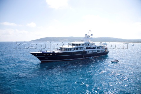 Luxury superyacht Leander owned by Sir Donald Gosling moored by Les Iles des Lerins near Cannes Sout