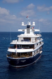 Luxury superyacht Leander owned by Sir Donald Gosling moored by Les Iles des Lerins near Cannes, South of France.