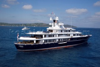 Luxury superyacht Leander owned by Sir Donald Gosling moored by Les Iles des Lerins near Cannes, South of France.