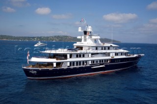 Luxury superyacht Leander owned by Sir Donald Gosling moored by Les Iles des Lerins near Cannes, South of France.