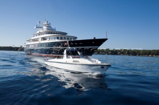 Luxury superyacht Leander owned by Sir Donald Gosling moored by Les Iles des Lerins near Cannes, South of France.