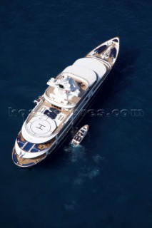 Luxury superyacht Leander owned by Sir Donald Gosling moored by Les Iles des Lerins near Cannes, South of France.