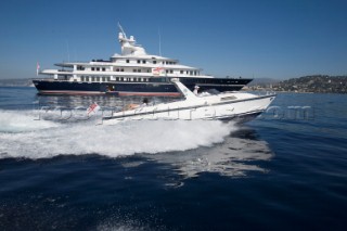 Luxury superyacht Leander owned by Sir Donald Gosling moored by Les Iles des Lerins near Cannes, South of France.