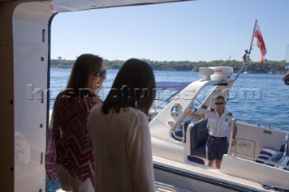 Luxury superyacht Leander owned by Sir Donald Gosling moored by Les Iles des Lerins near Cannes, South of France.