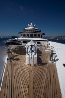 Luxury superyacht Leander owned by Sir Donald Gosling moored by Les Iles des Lerins near Cannes, South of France.