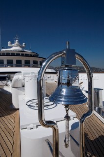 Luxury superyacht Leander owned by Sir Donald Gosling moored by Les Iles des Lerins near Cannes, South of France.