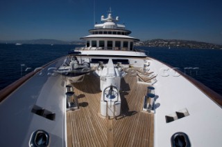 Luxury superyacht Leander owned by Sir Donald Gosling moored by Les Iles des Lerins near Cannes, South of France.