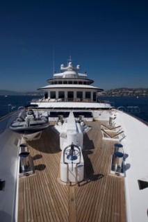 Luxury superyacht Leander owned by Sir Donald Gosling moored by Les Iles des Lerins near Cannes, South of France.