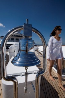 Luxury superyacht Leander owned by Sir Donald Gosling moored by Les Iles des Lerins near Cannes, South of France.