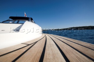 Luxury superyacht Leander owned by Sir Donald Gosling moored by Les Iles des Lerins near Cannes, South of France.