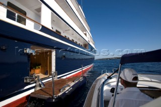 Luxury superyacht Leander owned by Sir Donald Gosling moored by Les Iles des Lerins near Cannes, South of France.