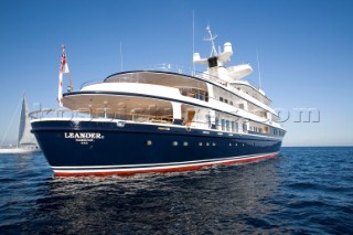 Luxury superyacht Leander owned by Sir Donald Gosling moored by Les Iles des Lerins near Cannes, South of France.