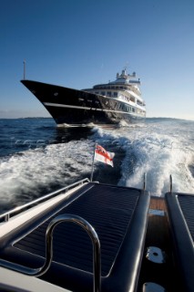 Luxury superyacht Leander owned by Sir Donald Gosling moored by Les Iles des Lerins near Cannes, South of France.