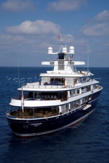 Luxury superyacht Leander owned by Sir Donald Gosling moored by Les Iles des Lerins near Cannes, South of France.