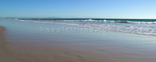 Perfect idyllic landscape of an empty sandy beach in Tarifa, Spain, near Gibraltar.