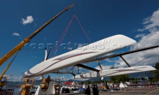 Alinghi 5, the giant catamaran multihull which will defend the 33rd Americas Cup sailing on Lake Geneva. (Editorial Only)