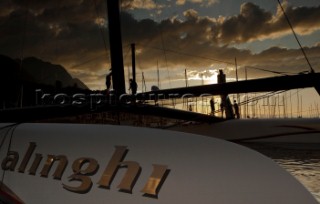 Alinghi 5, the giant catamaran multihull which will defend the 33rd Americas Cup sailing on Lake Geneva. (Editorial Only)