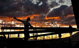 Alinghi 5, the giant catamaran multihull which will defend the 33rd Americas Cup sailing on Lake Geneva. (Editorial Only)